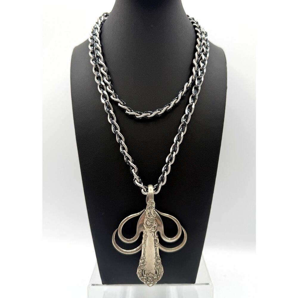 Vtg Silver-Plated Handmade Fork Pendant on Crown Trifari Silver & Bead Necklace
